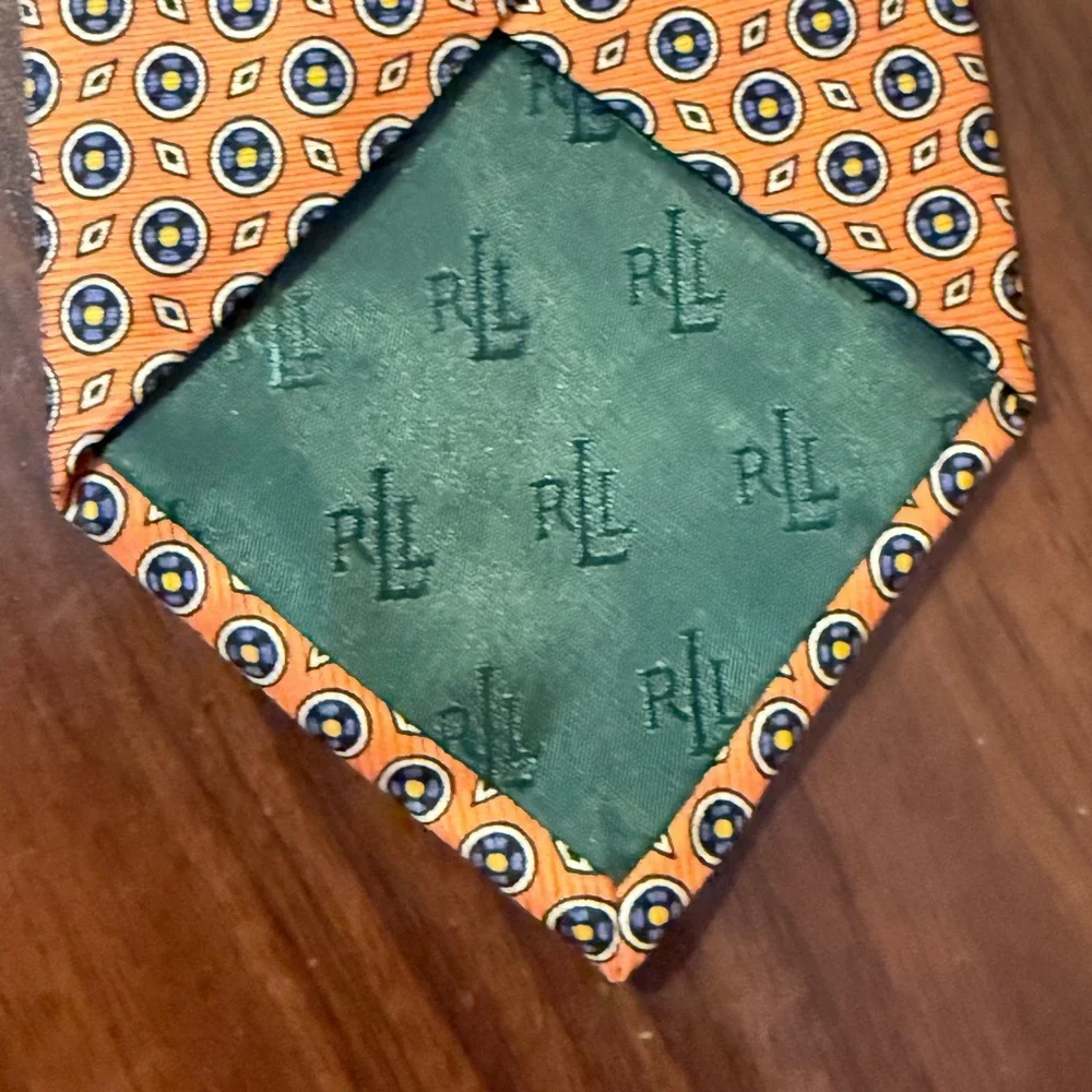 Lauren Ralph Lauren / orange 100% silk‎ necktie w circular blue pattern & dots